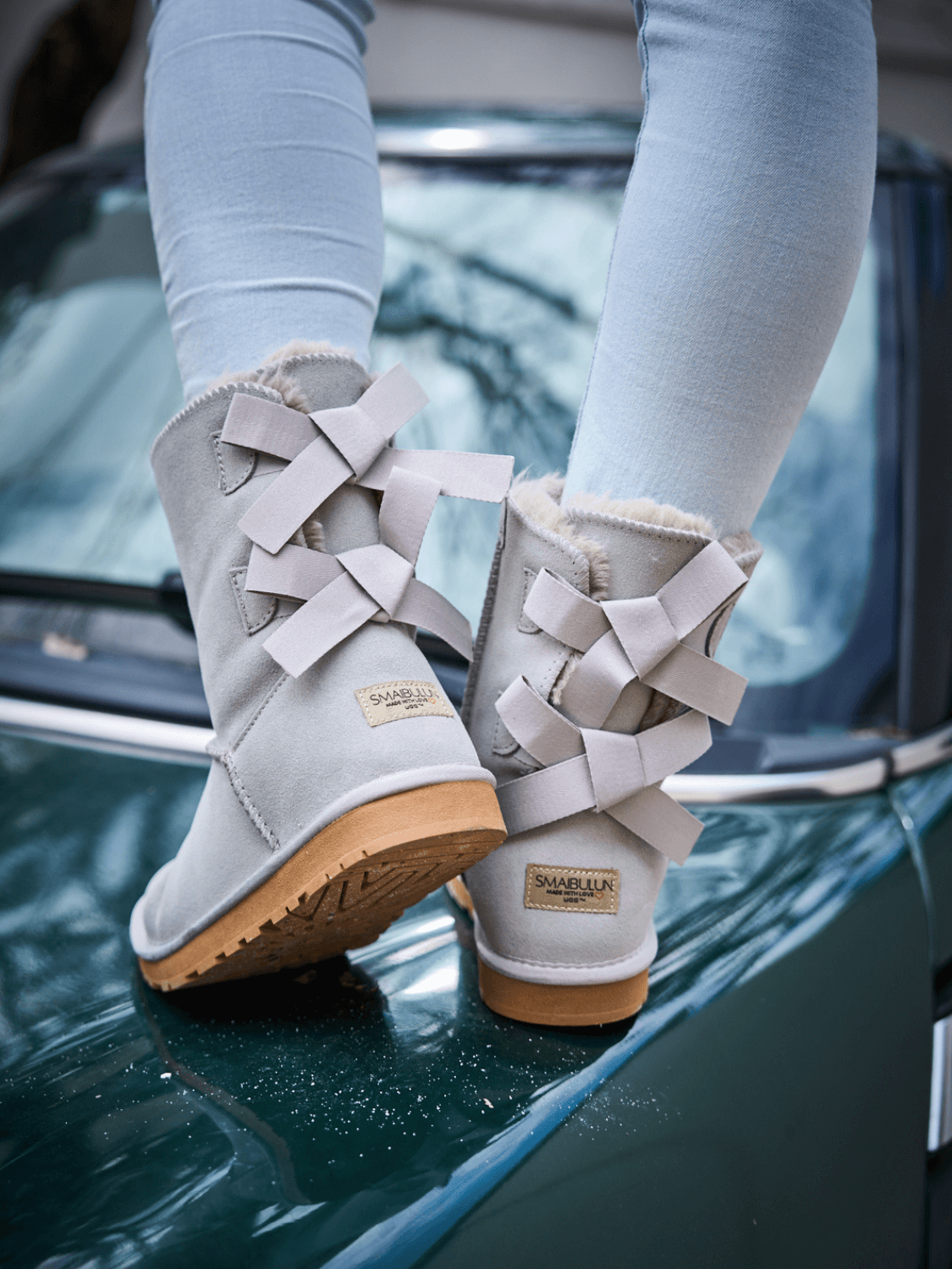 UGG Double Ballet Ribbon Bow Suede Shearling Boots - Pale