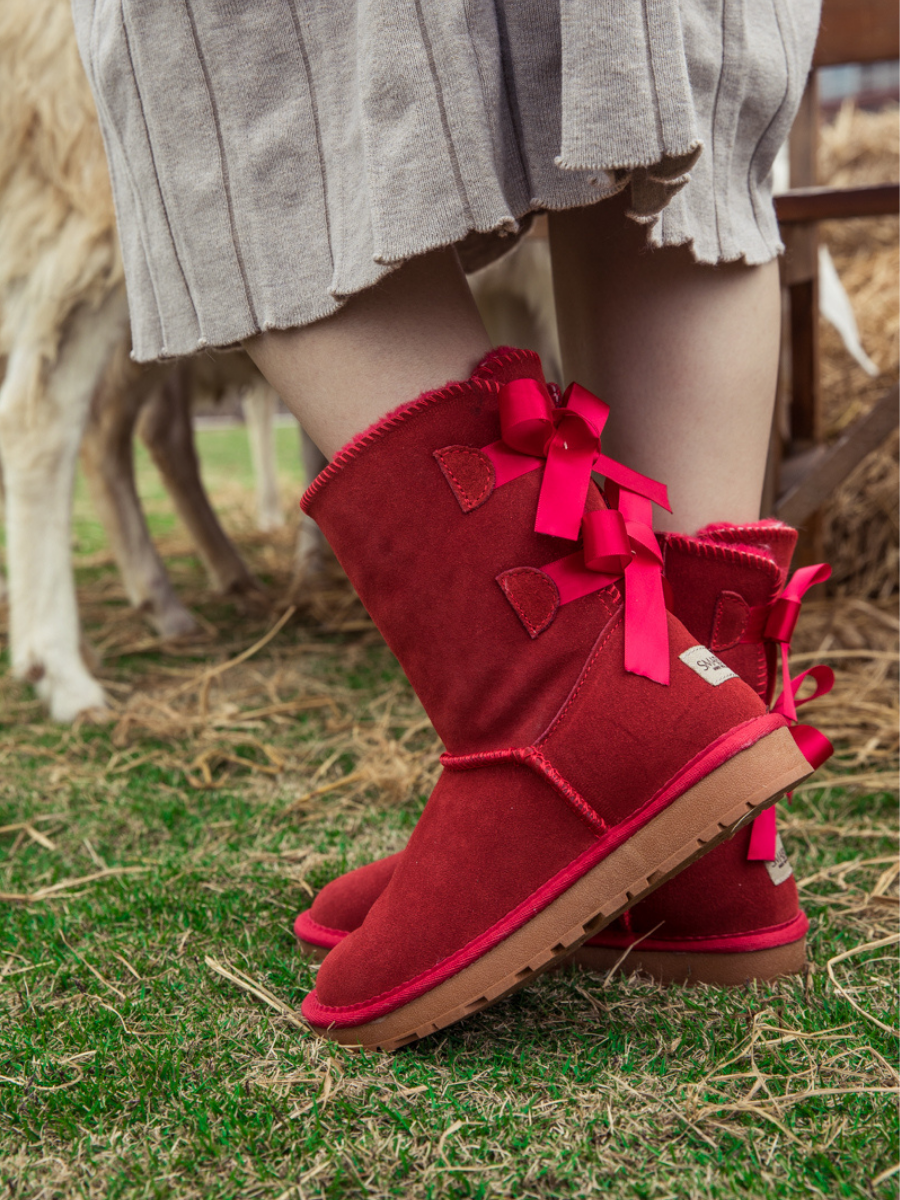 UGG Double Ballet Ribbon Bow Suede Shearling Boots - Red