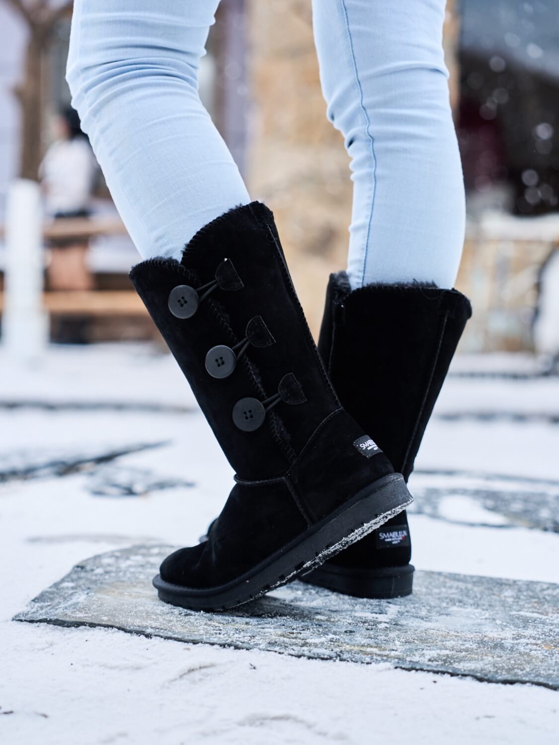 UGG Side Button Faux Fur-Lined Leather Suede Boots - Black