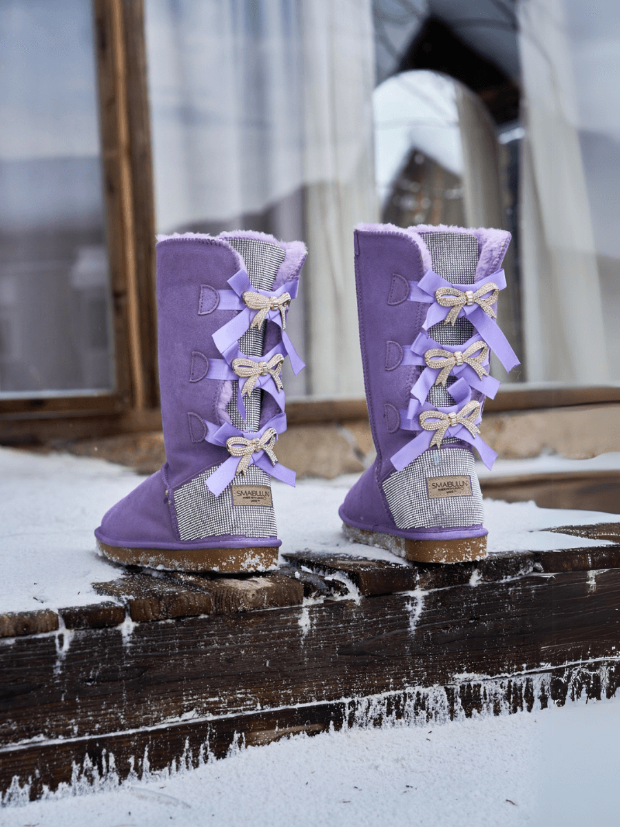 UGG Rhinestone Ribbon Tri-Tie Bow Suede Boots - Lavender