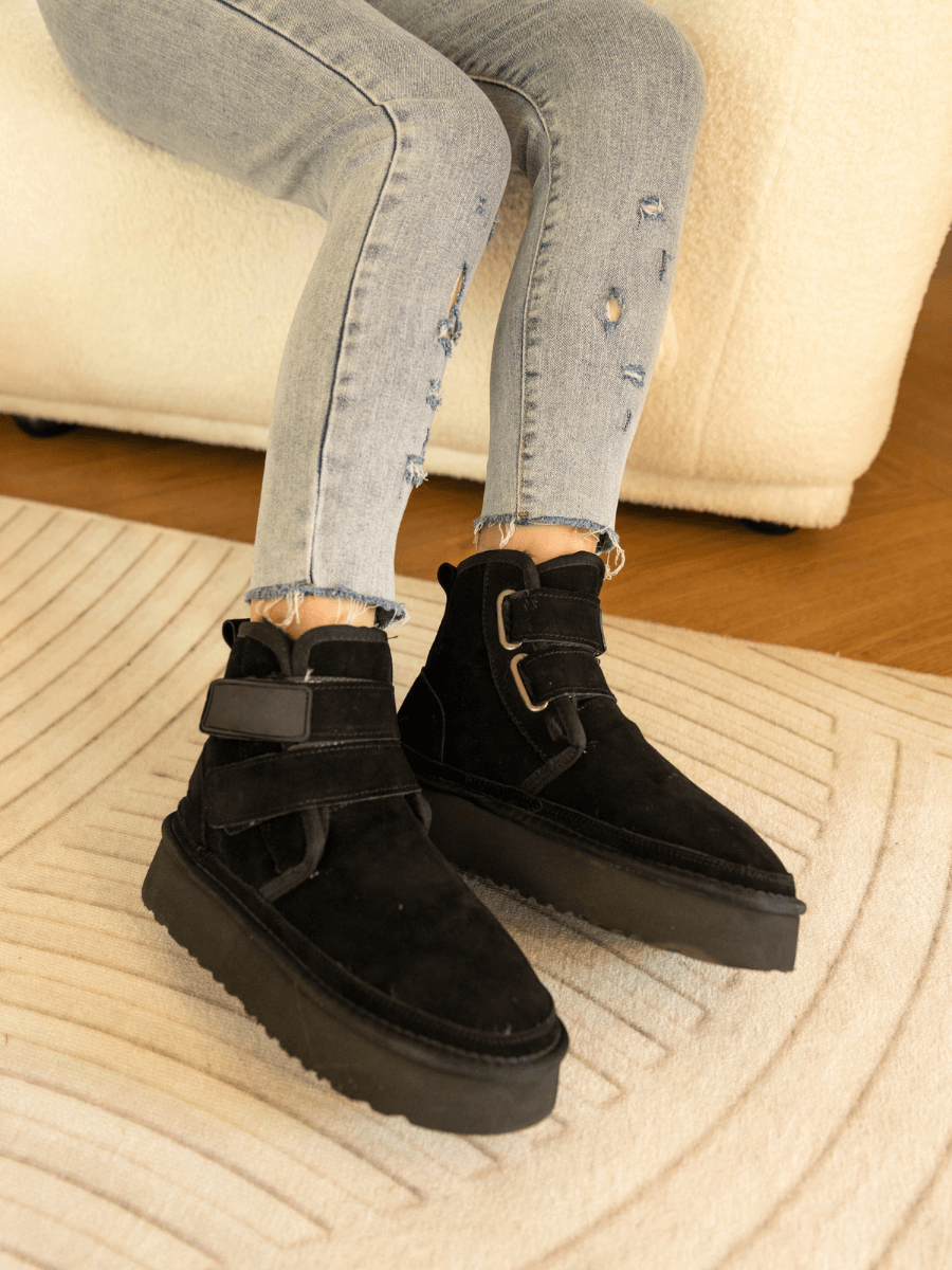 UGG Montford Wool-Lined Buckle Up Platform Boots – Black