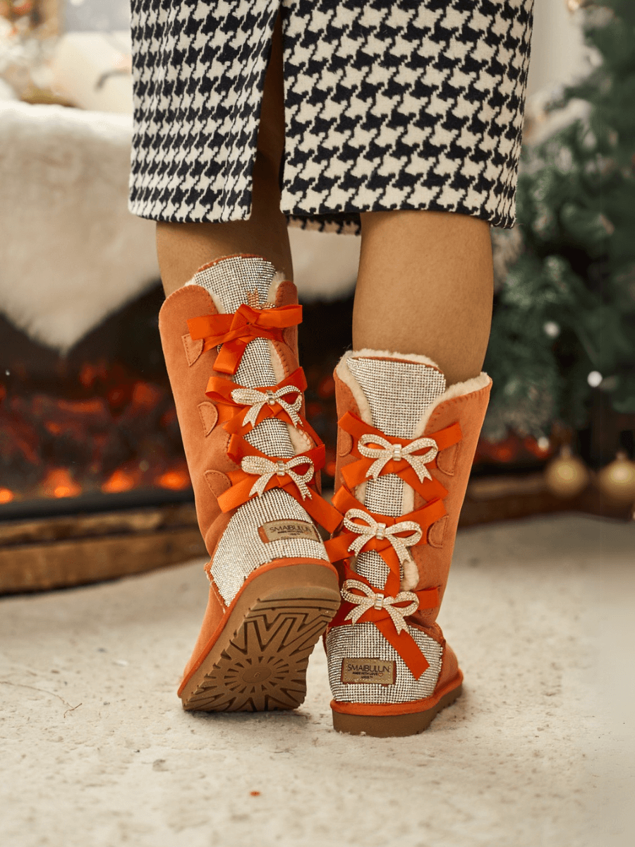 UGG Rhinestone Ribbon Tri-Tie Bow Suede Boots - Tangerine