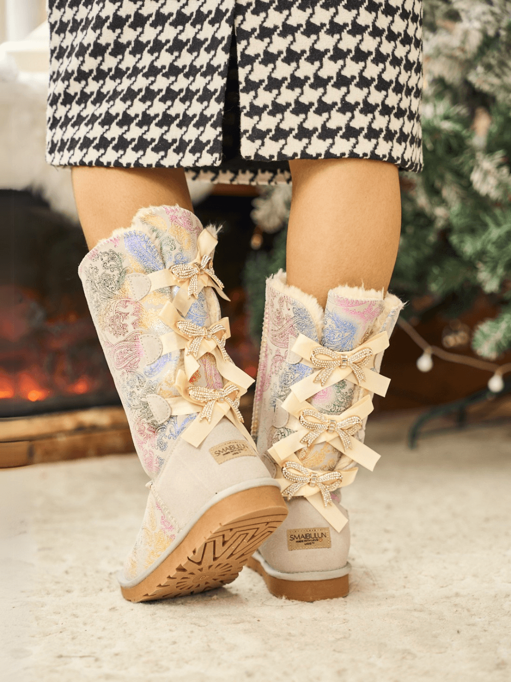 UGG Rhinestone Ribbon Tri-Tie Bow Suede Boots - Multi