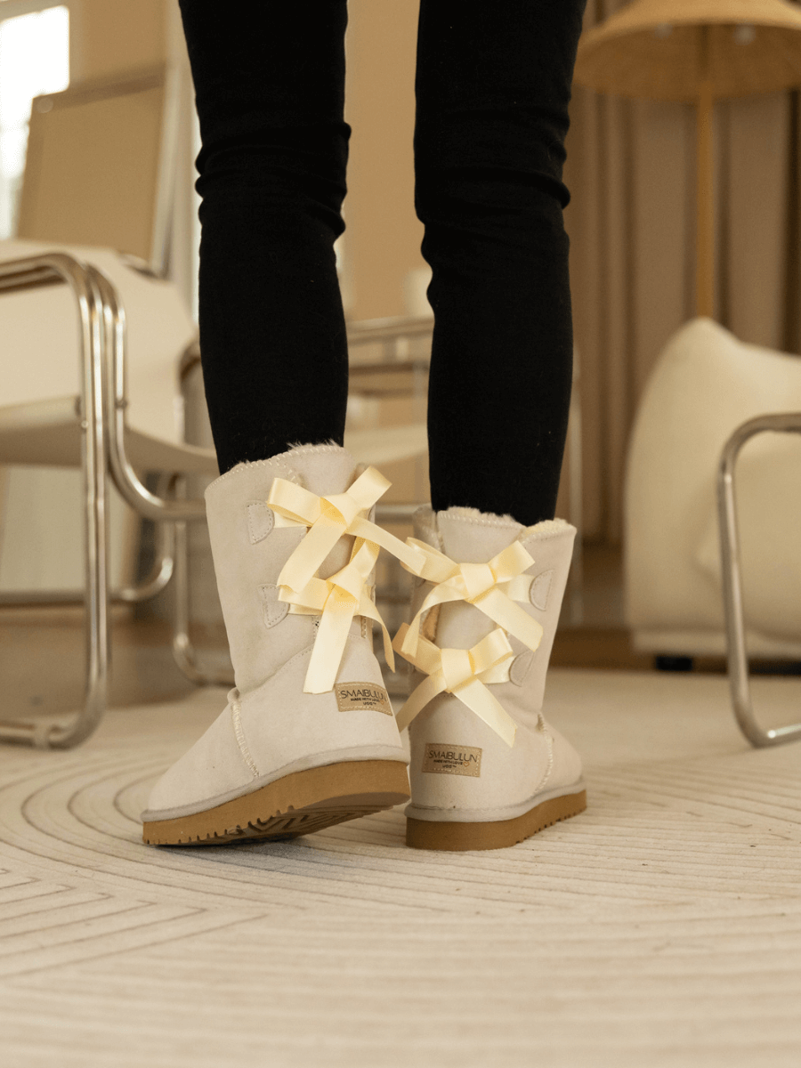 UGG Double Ballet Ribbon Bow Suede Shearling Boots - Ivory