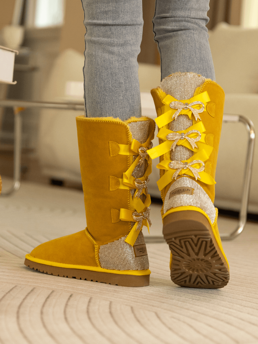 UGG Rhinestone Ribbon Tri-Tie Bow Suede Boots - Yellow
