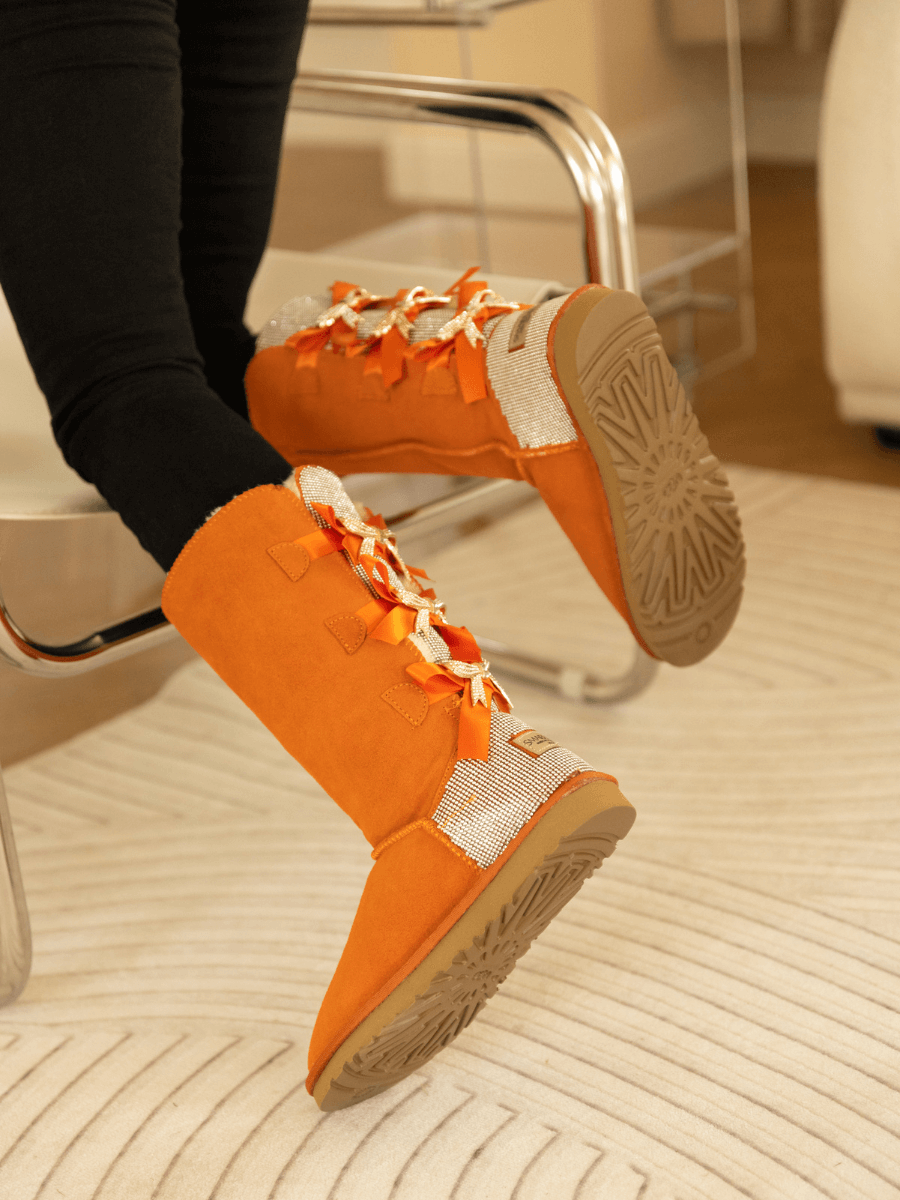 UGG Rhinestone Ribbon Tri-Tie Bow Suede Boots - Orange