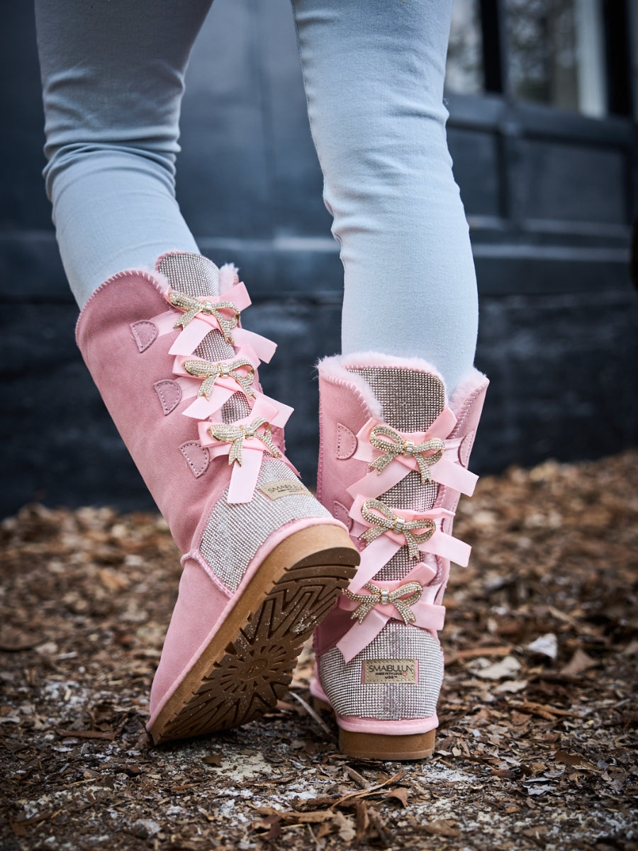 UGG Rhinestone Ribbon Tri-Tie Bow Suede Boots - Pink