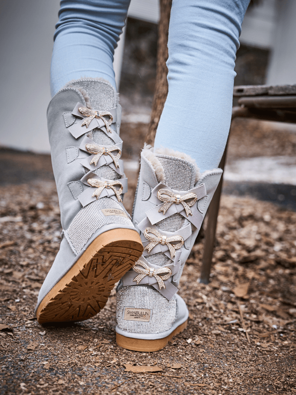 UGG Rhinestone Ribbon Tri-Tie Bow Suede Boots - Pale