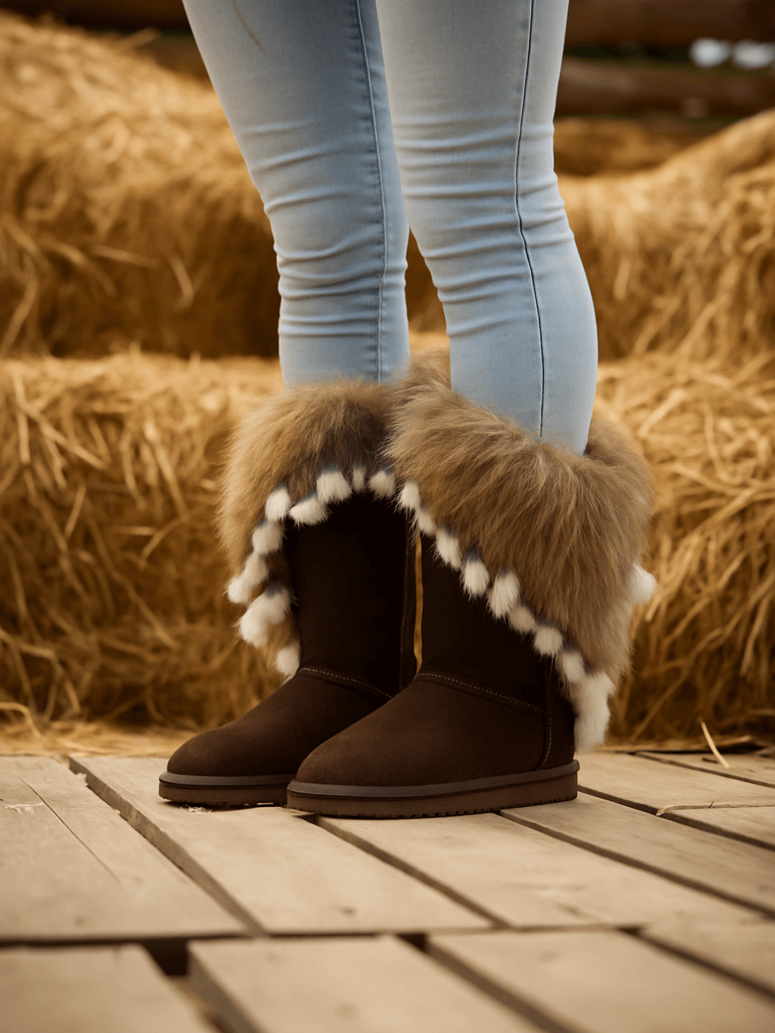 UGG Faux Fur Wool-Lined Grazing Calf Boots - Chocolate