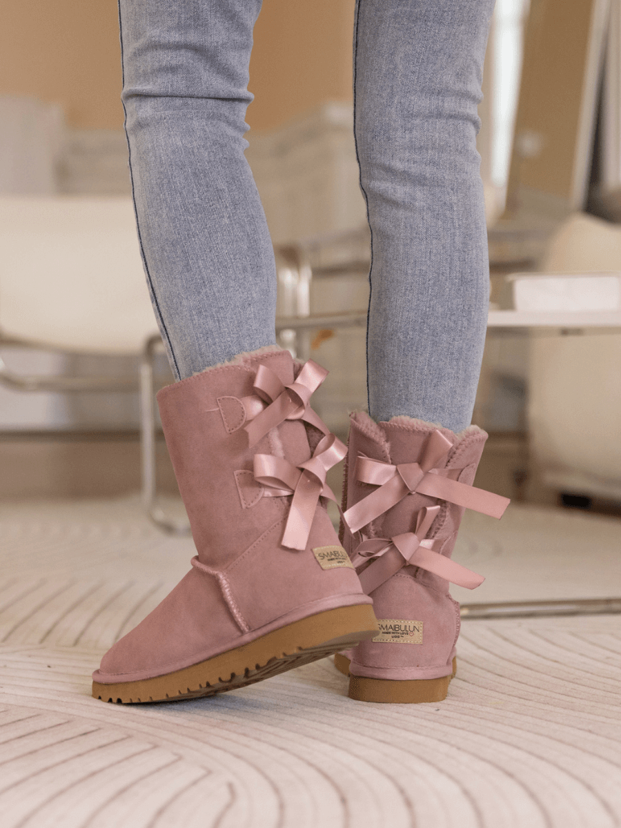 UGG Double Ballet Ribbon Bow Suede Shearling Boots - Taro