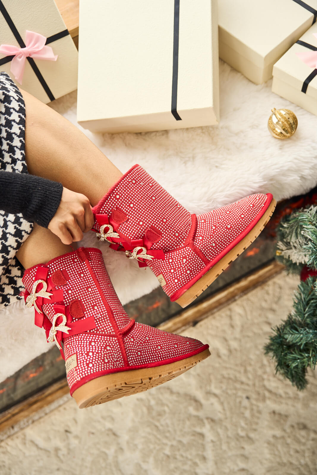 UGG Tay Tay Shine On Stage Diamond Bows Suede Boots - Red