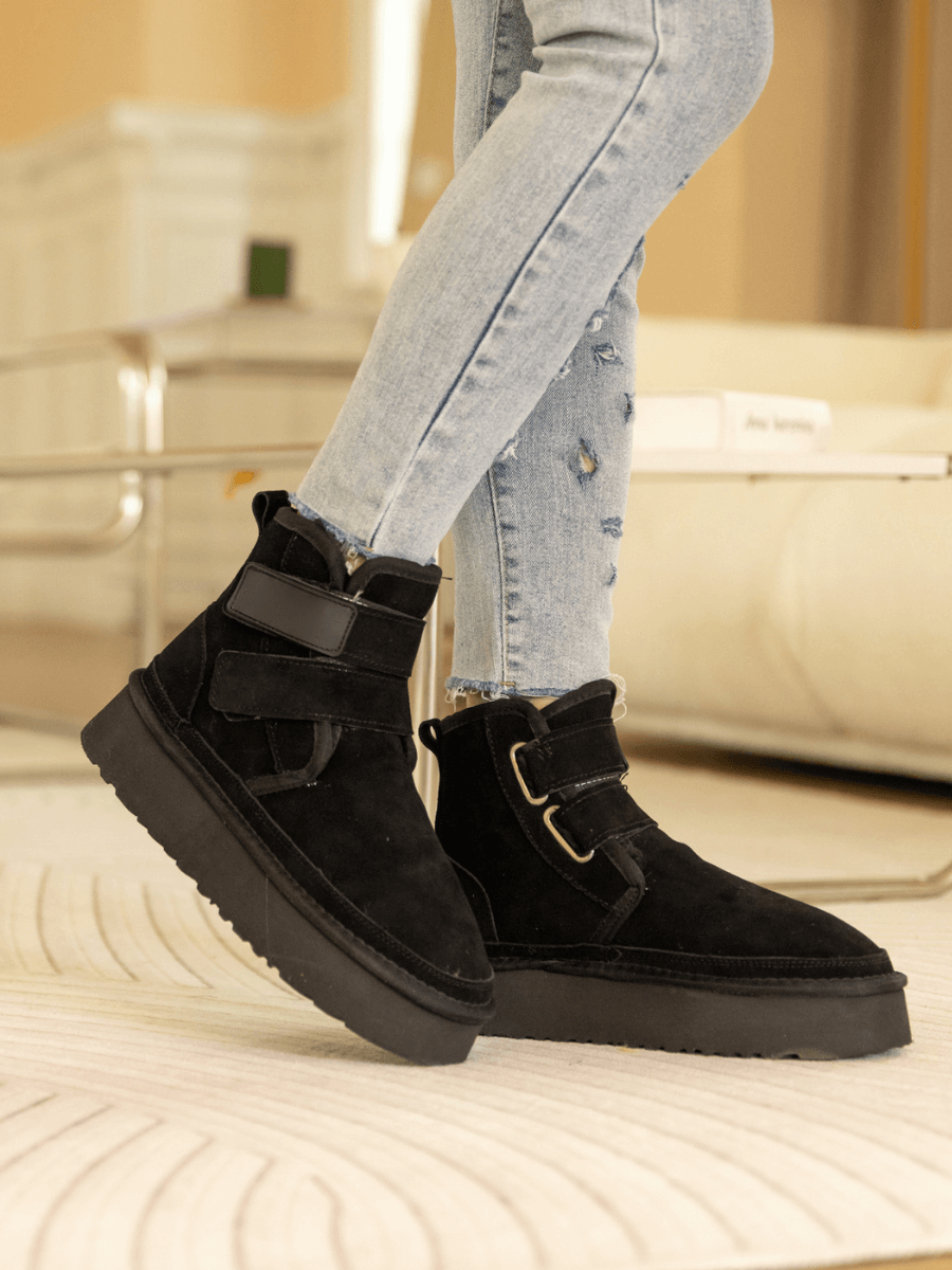 UGG Montford Wool-Lined Buckle Up Platform Boots – Black