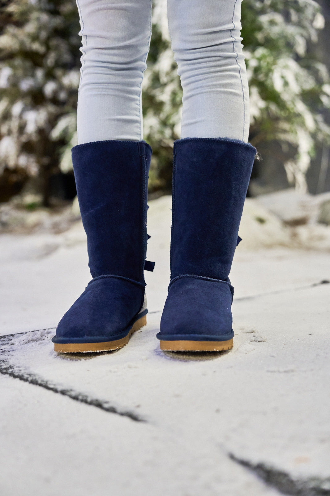 UGG Rhinestone Ribbon Tri-Tie Bow Suede Boots - Navy