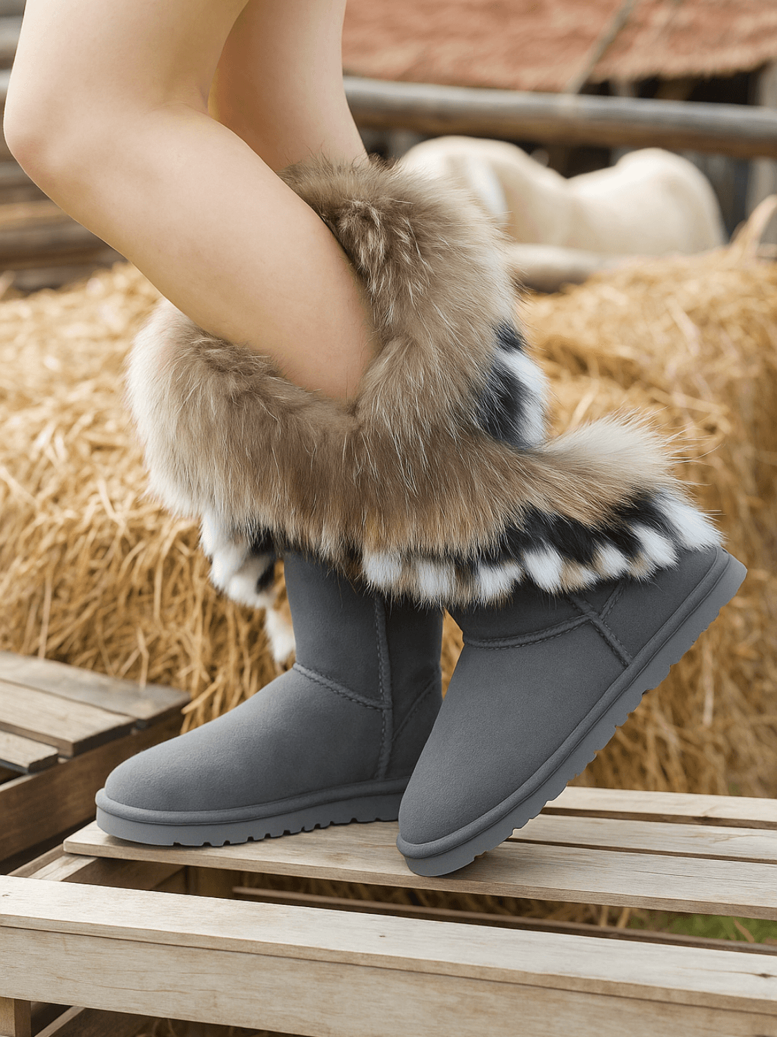 UGG Faux Fur Wool-Lined Grazing Calf Boots - Grey