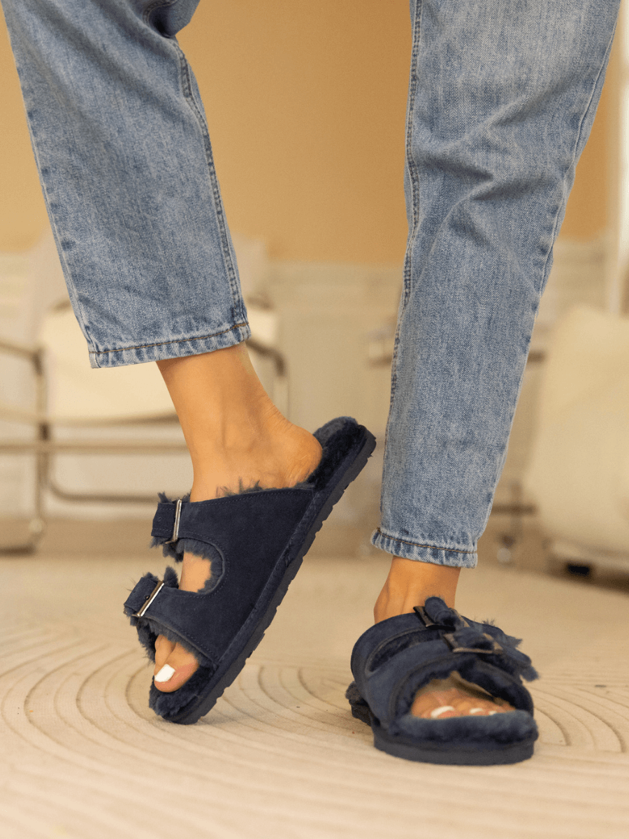 UGG Woolen Lined Double-Strap Suede Sandal - Navy