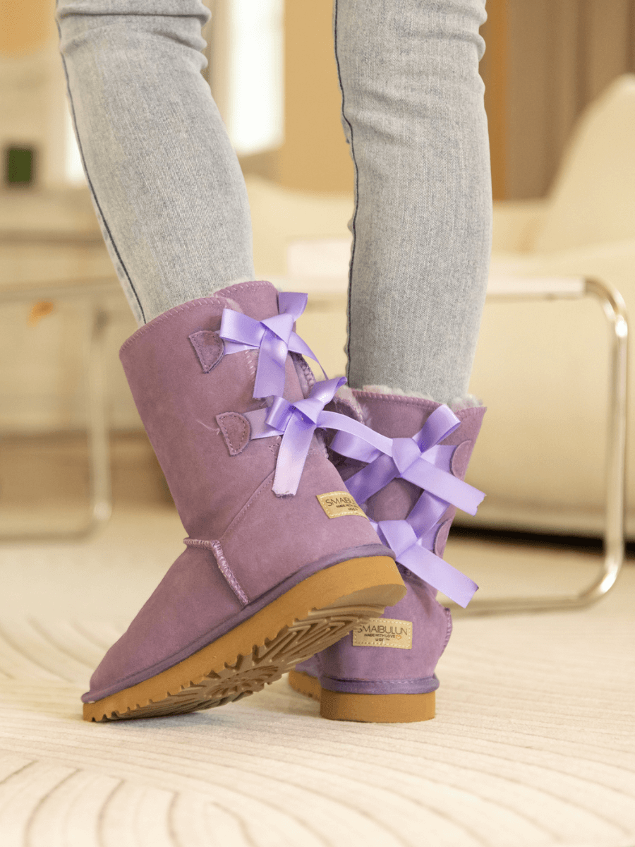 UGG Double Ballet Ribbon Bow Suede Shearling Boots - Lavender