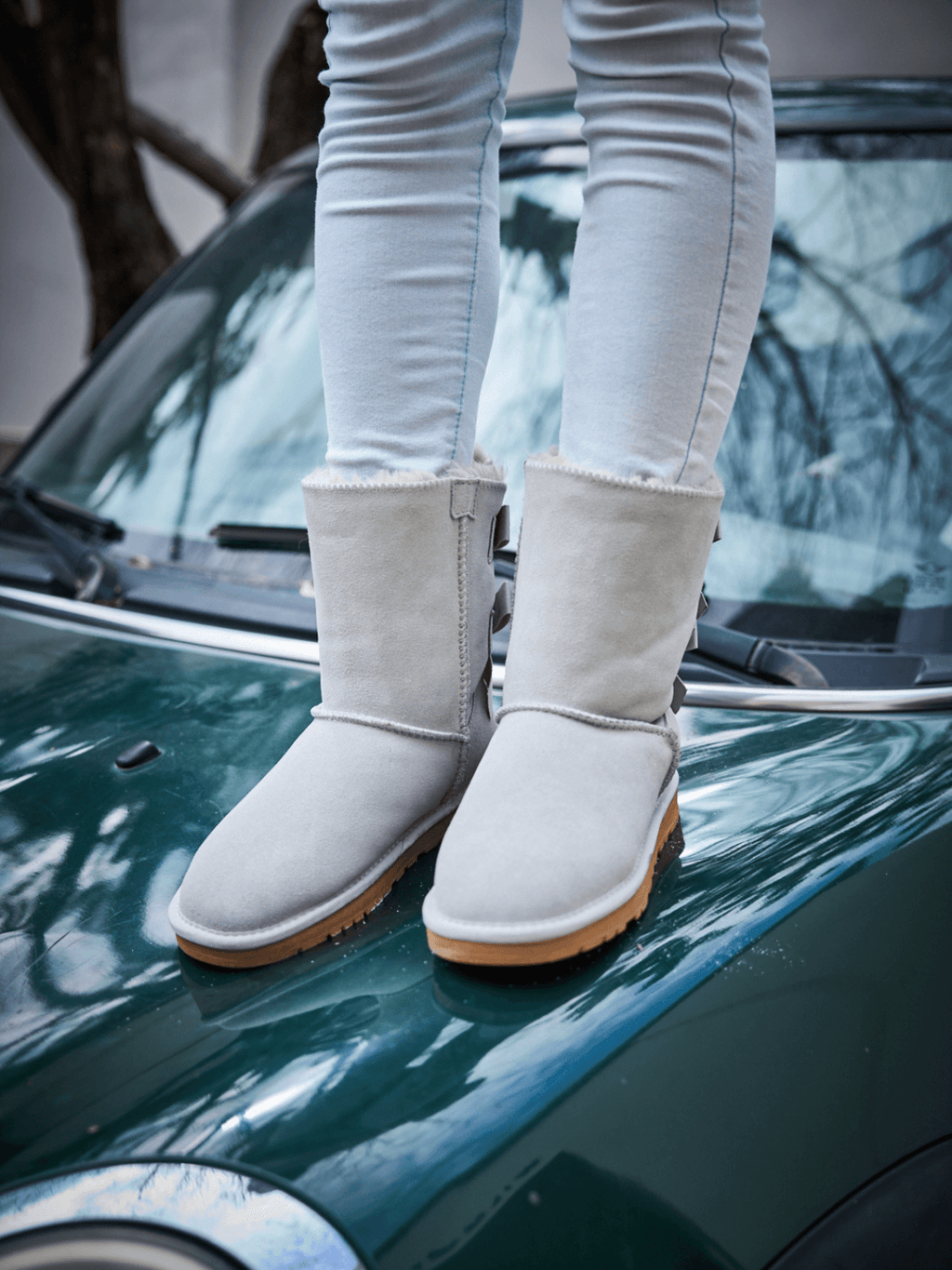 UGG Double Ballet Ribbon Bow Suede Shearling Boots - Pale