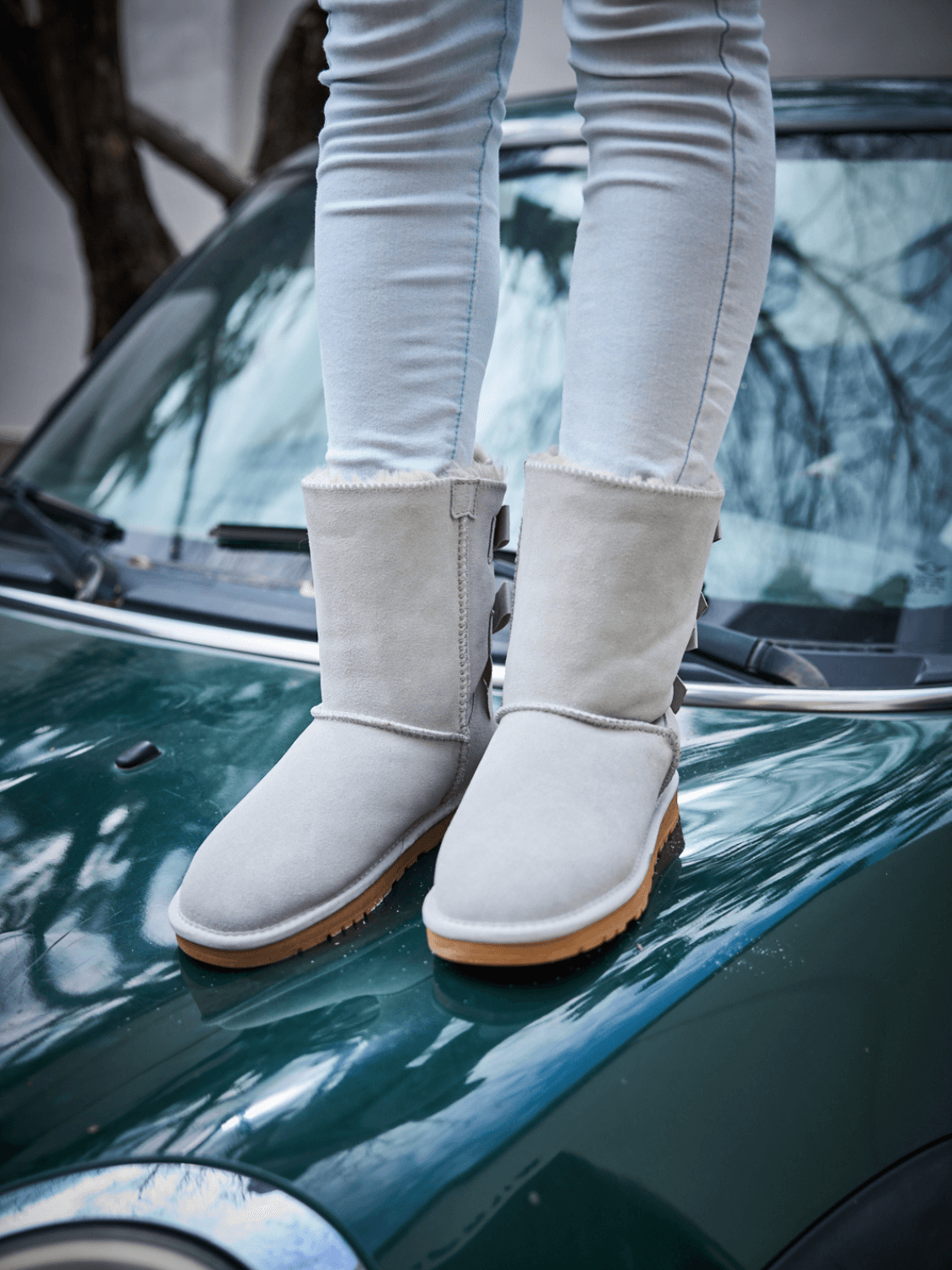 UGG Double Ballet Ribbon Bow Suede Shearling Boots - Pale