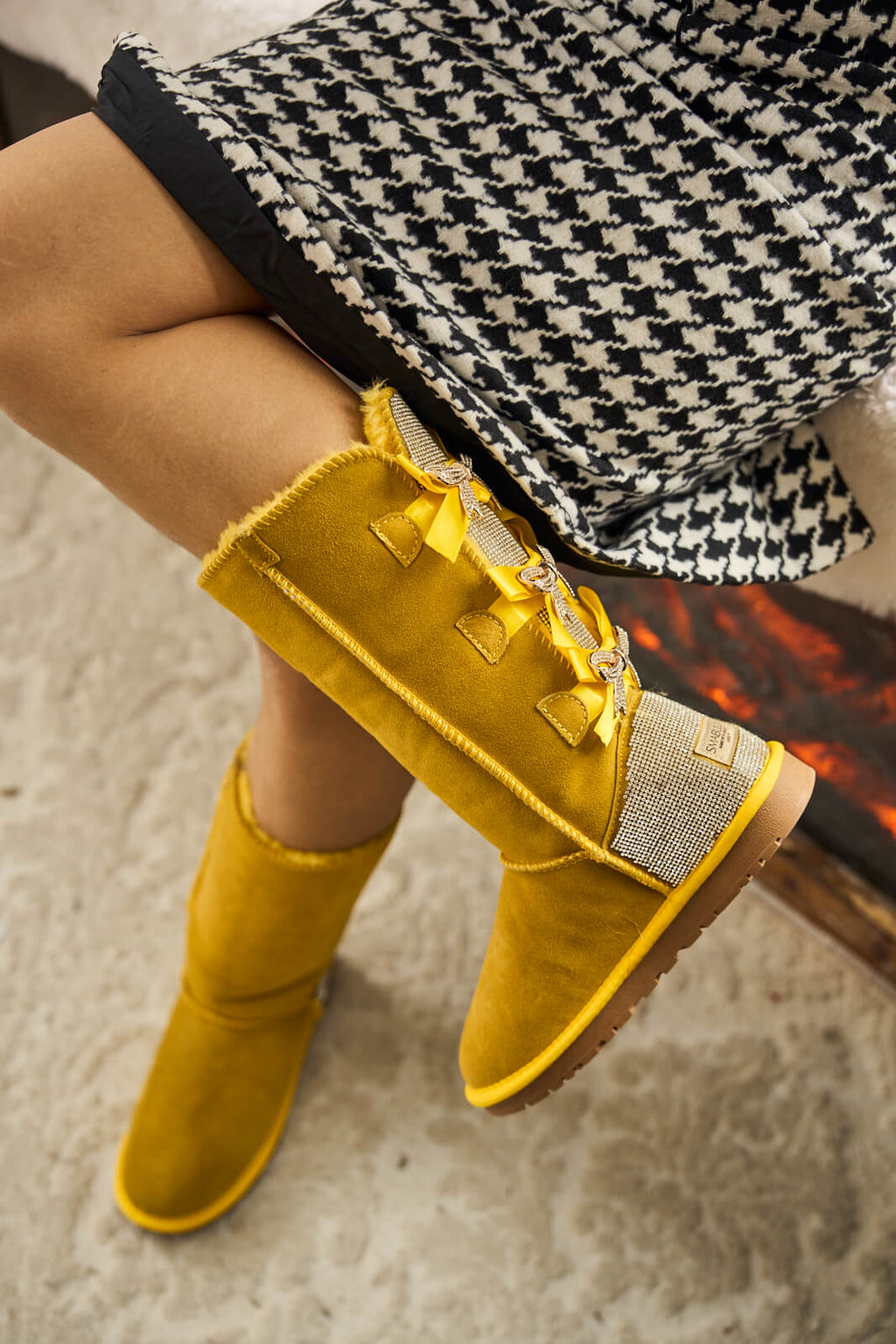 UGG Rhinestone Ribbon Tri-Tie Bow Suede Boots - Lemon