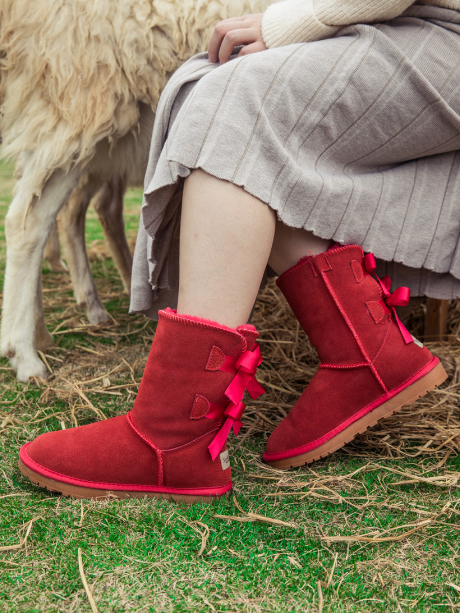 UGG Double Ballet Ribbon Bow Suede Shearling Boots - Red