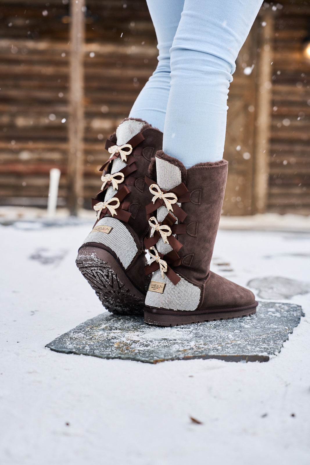 UGG Rhinestone Ribbon Tri-Tie Bow Suede Boots - Brown