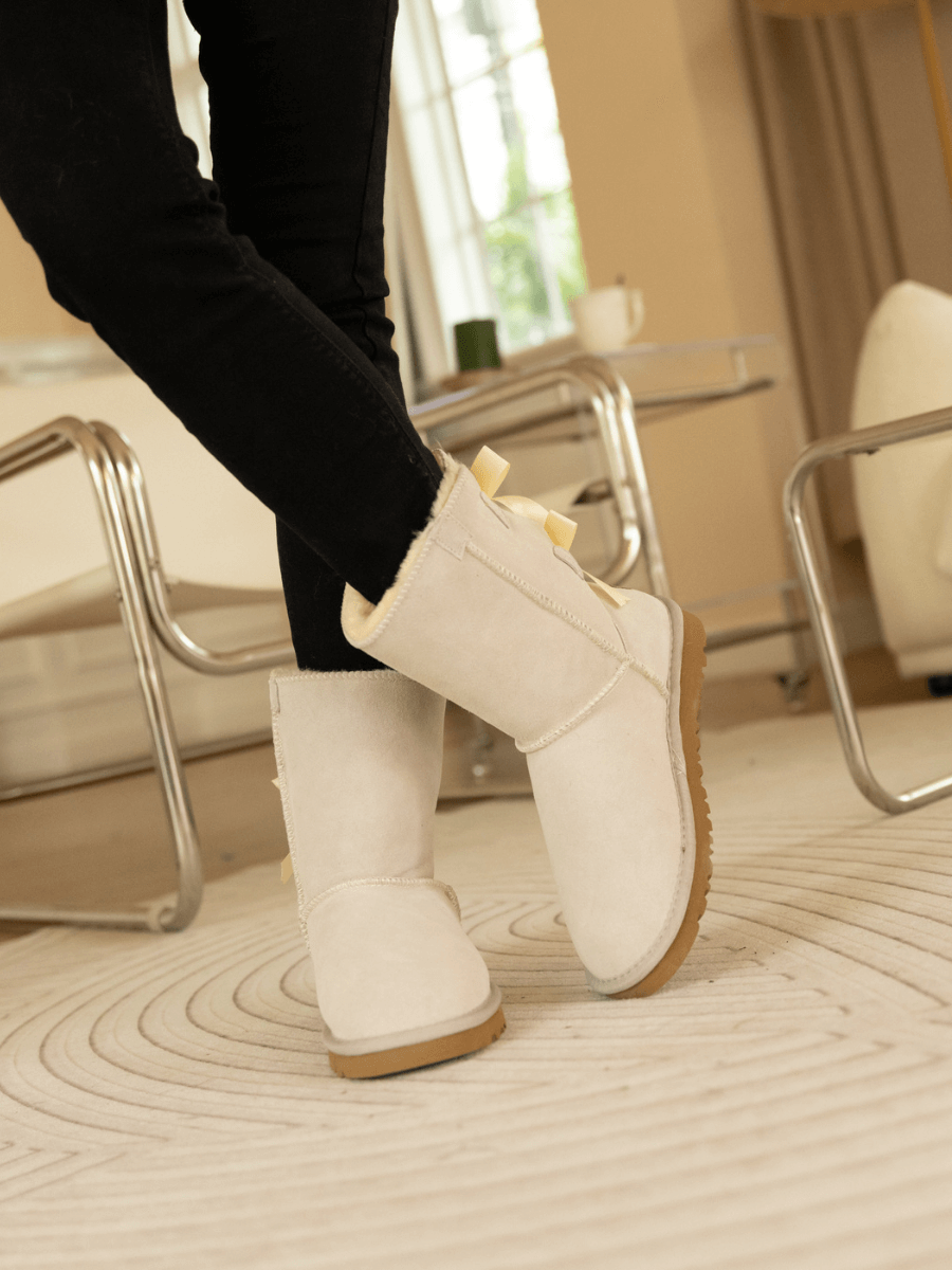 UGG Double Ballet Ribbon Bow Suede Shearling Boots - Ivory