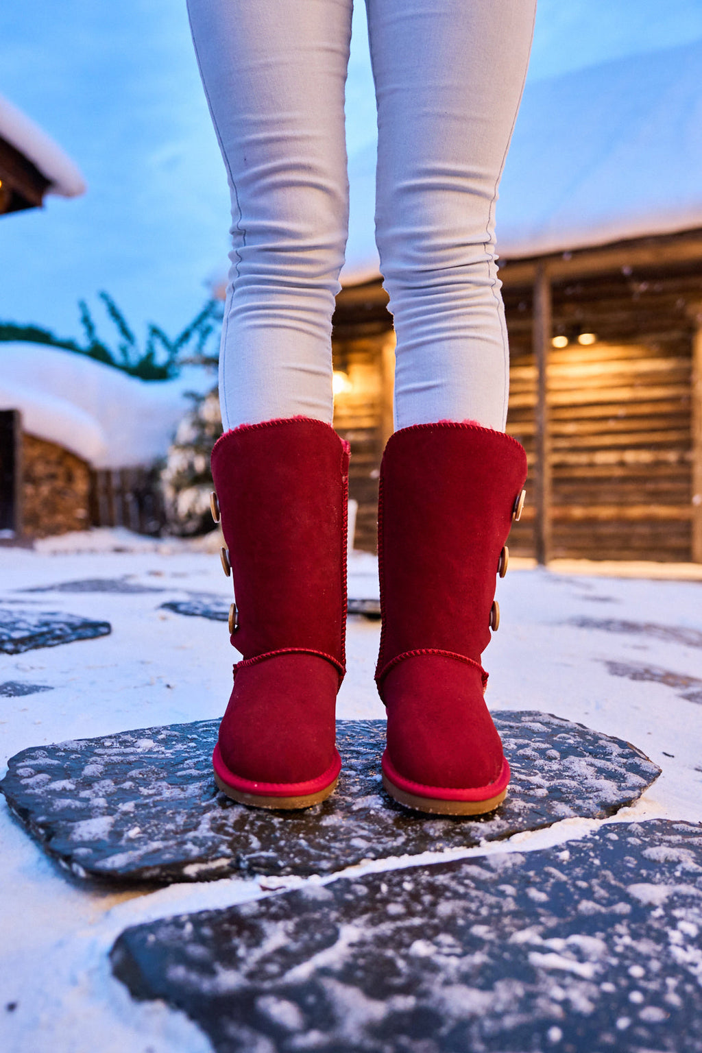 UGG Side Button Faux Fur-Lined Leather Suede Boots - Red