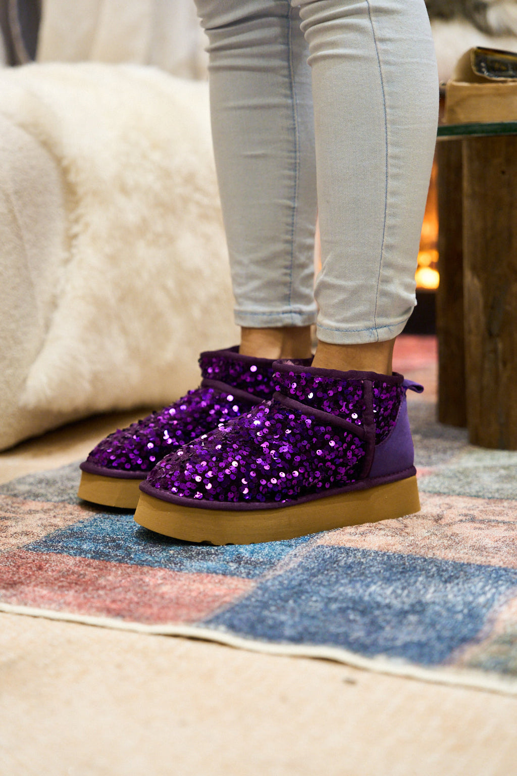 UGG Mini Glitter Low Ankle Platform Boots - Purple