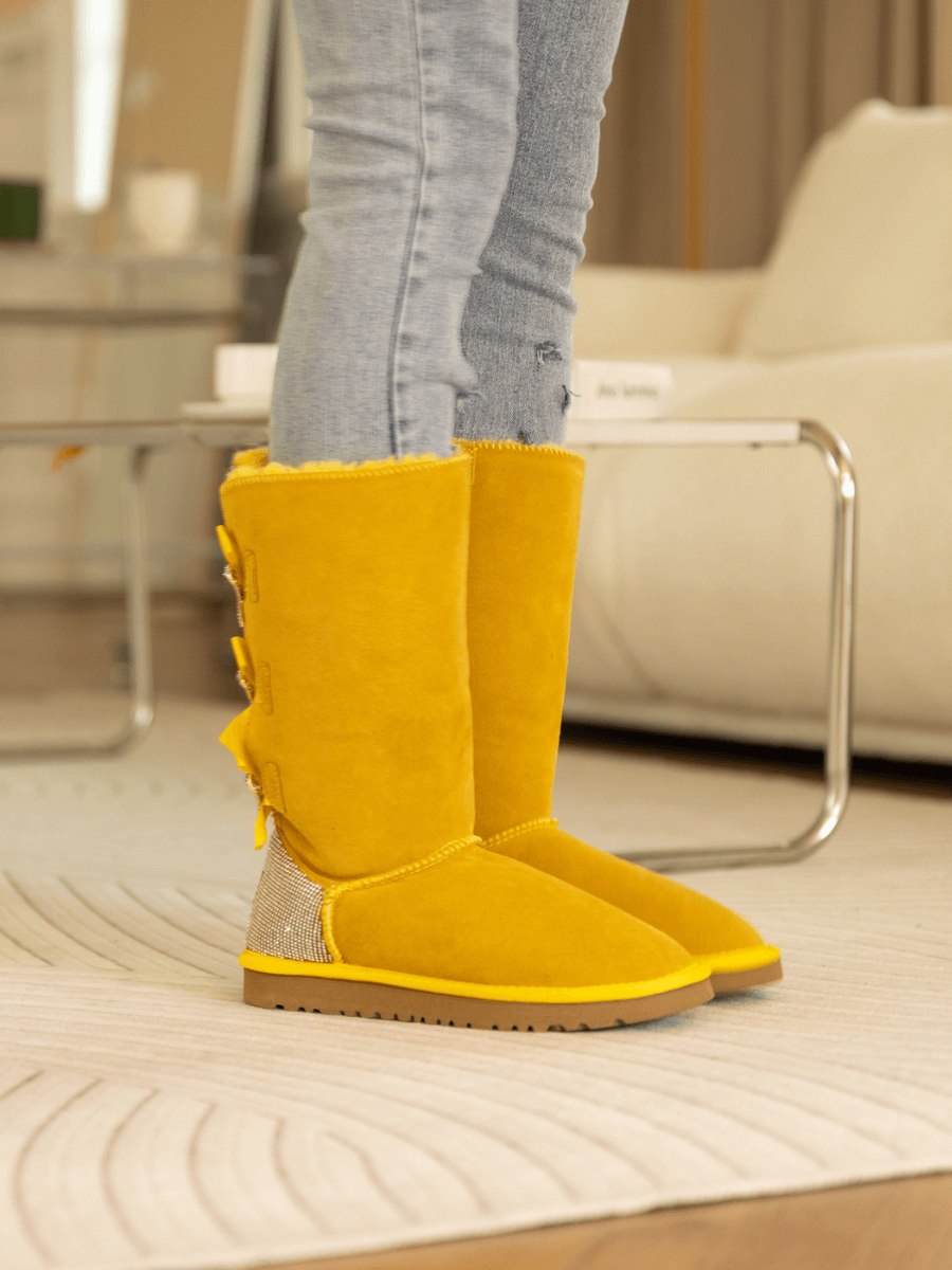 UGG Rhinestone Ribbon Tri-Tie Bow Suede Boots - Yellow