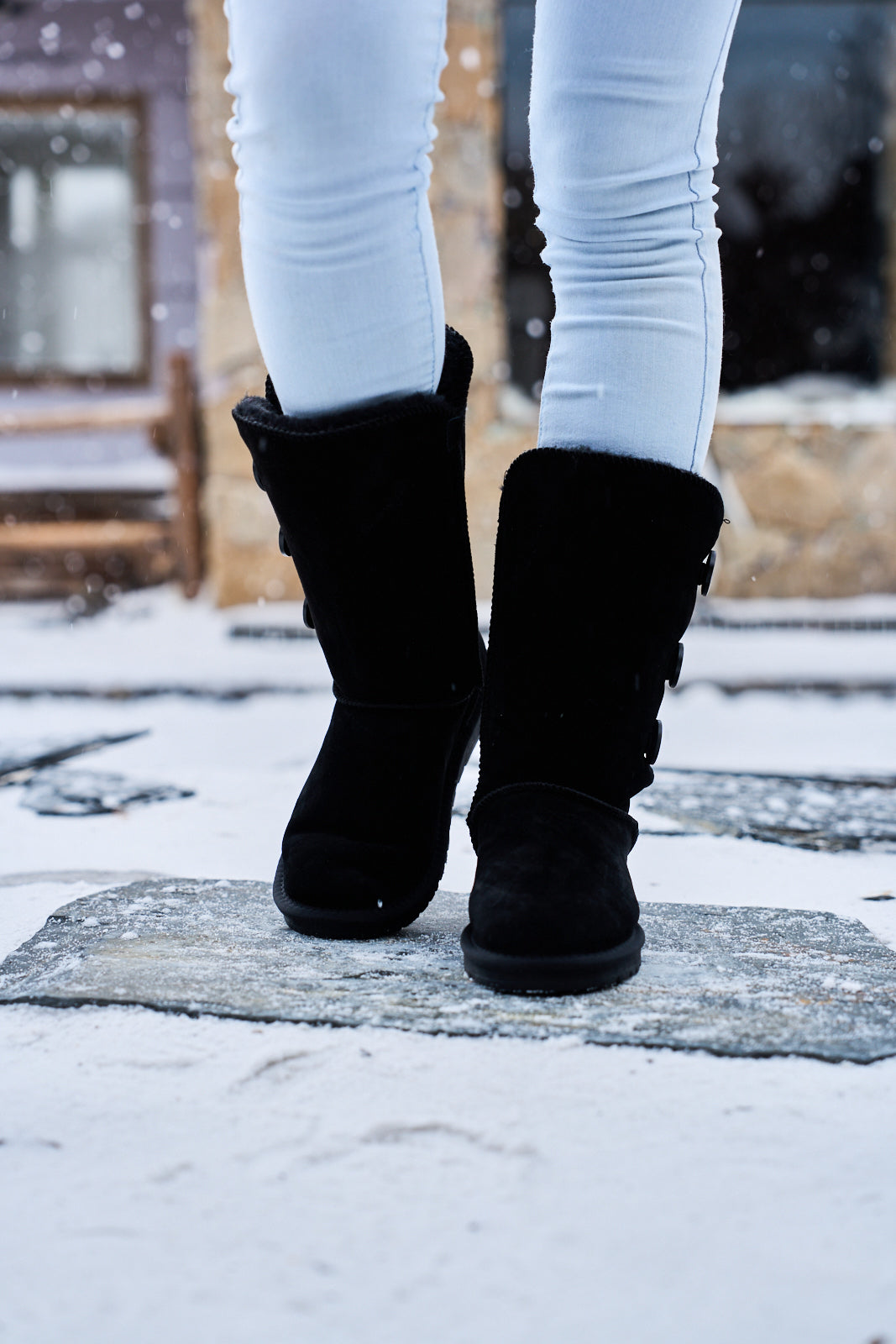 UGG Side Button Faux Fur-Lined Leather Suede Boots - Black