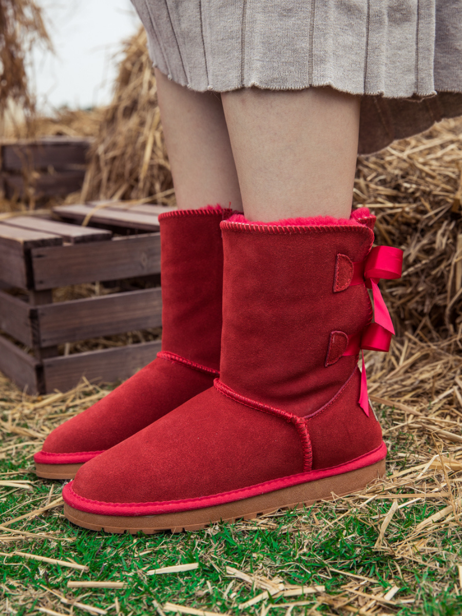 UGG Double Ballet Ribbon Bow Suede Shearling Boots - Red