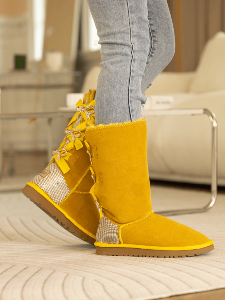 UGG Rhinestone Ribbon Tri-Tie Bow Suede Boots - Yellow