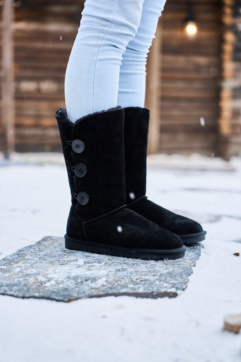 UGG Side Button Faux Fur-Lined Leather Suede Boots - Black