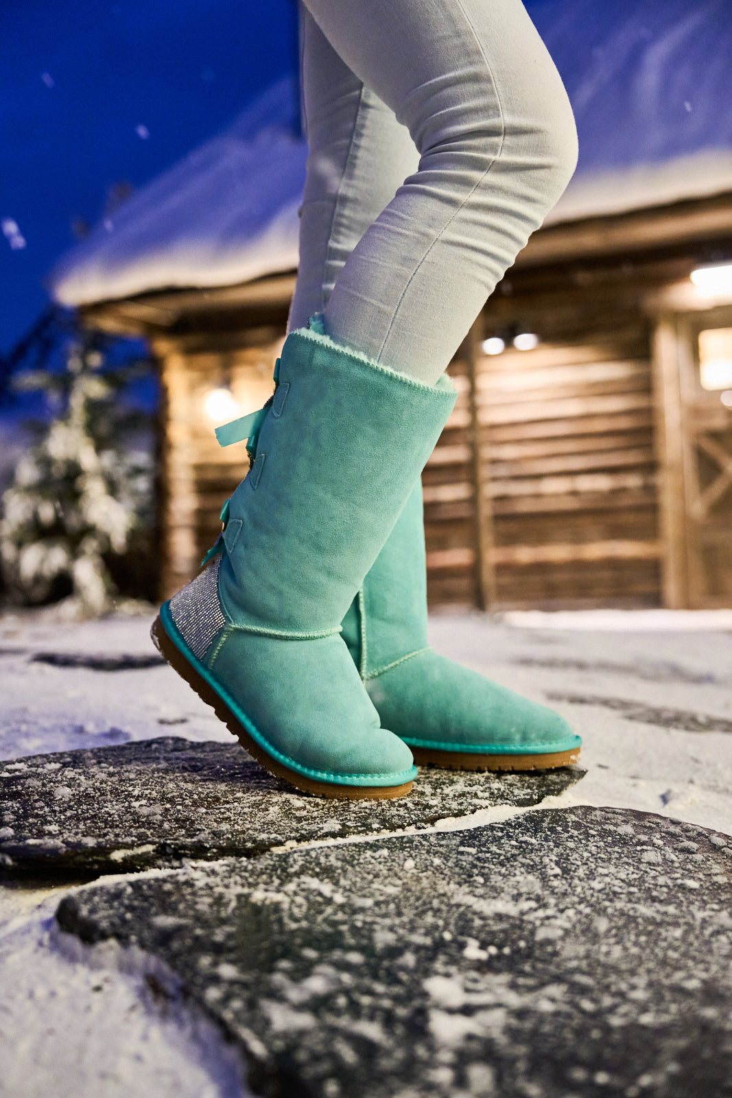 UGG Rhinestone Ribbon Tri-Tie Bow Suede Boots - Turquoise