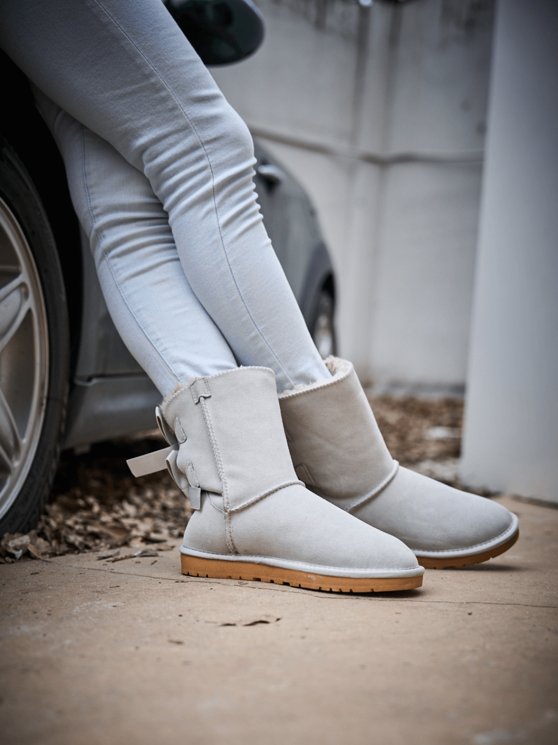 UGG Double Ballet Ribbon Bow Suede Shearling Boots - Pale
