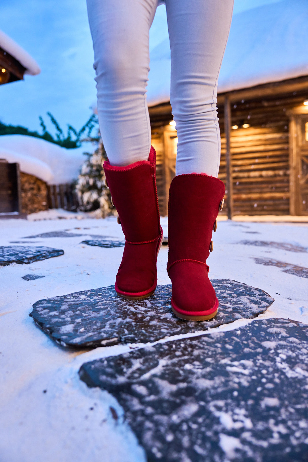 UGG Side Button Faux Fur-Lined Leather Suede Boots - Red
