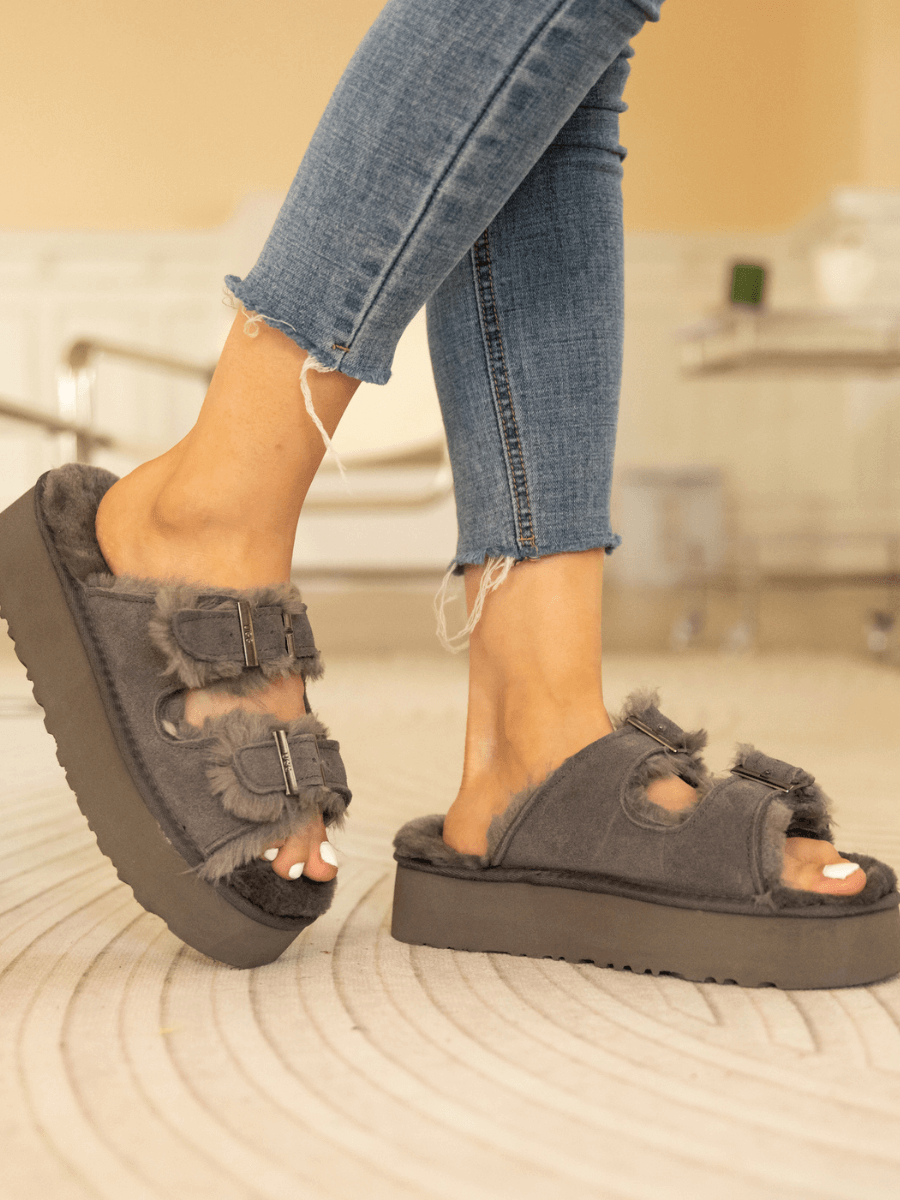 UGG Woolen Suede Double-Strap Platform Sandal - Grey