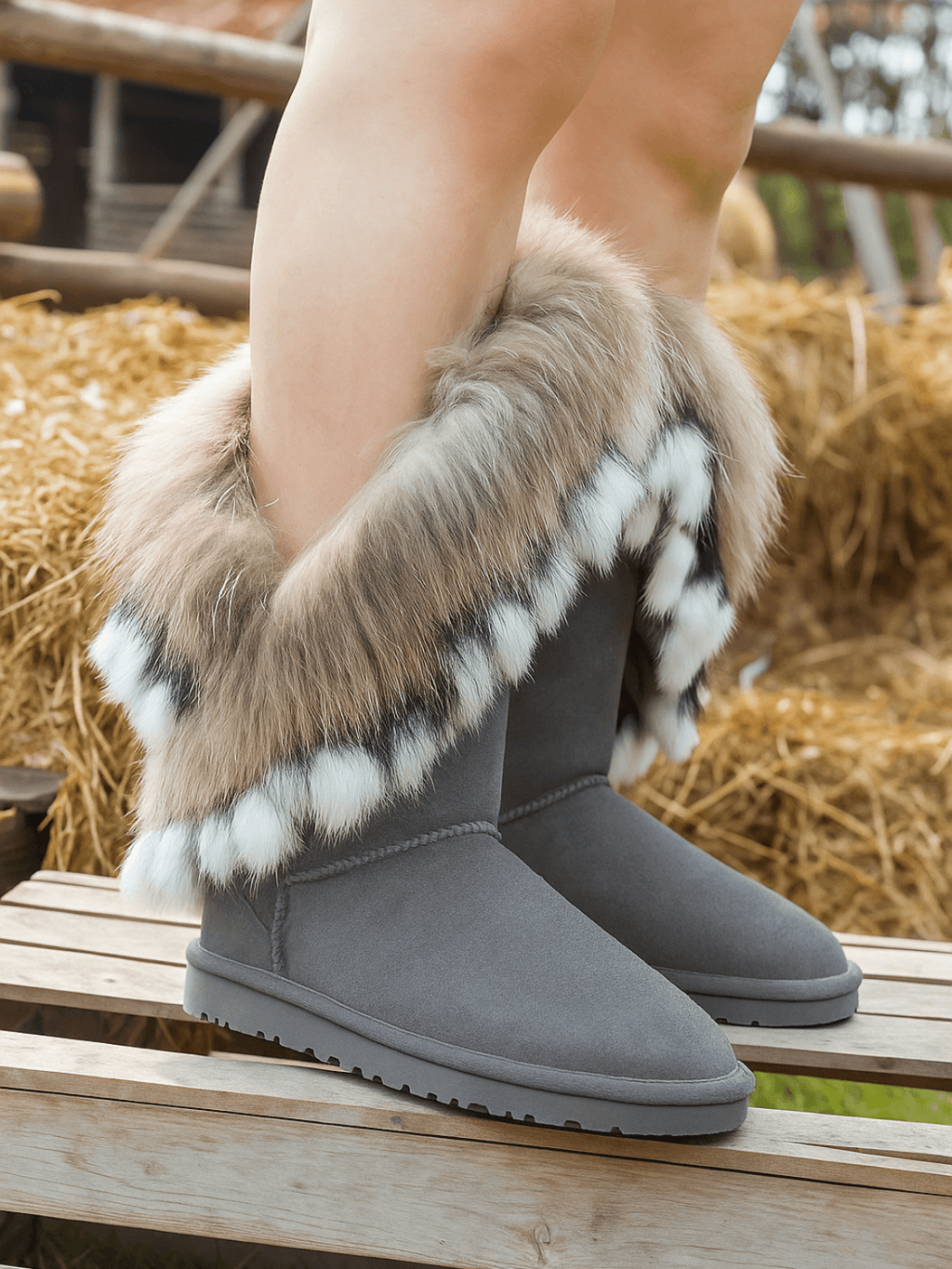 UGG Faux Fur Wool-Lined Grazing Calf Boots - Grey