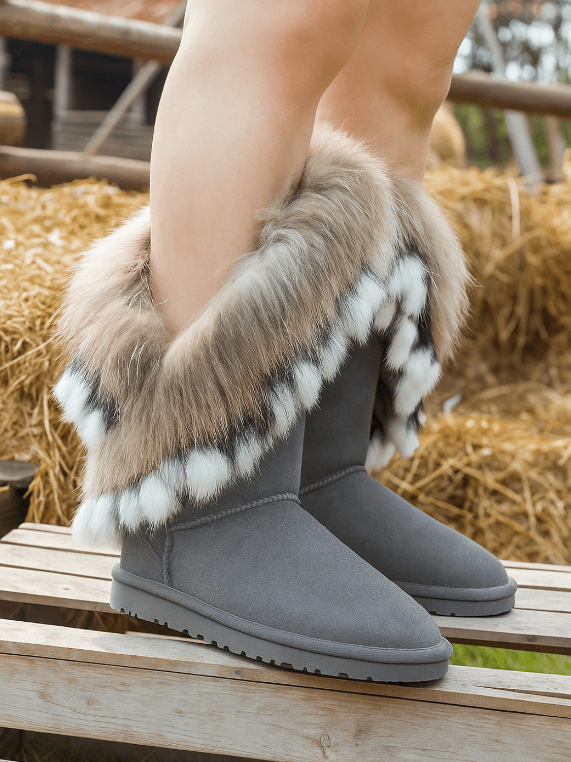 UGG Faux Fur Wool-Lined Grazing Calf Boots - Grey