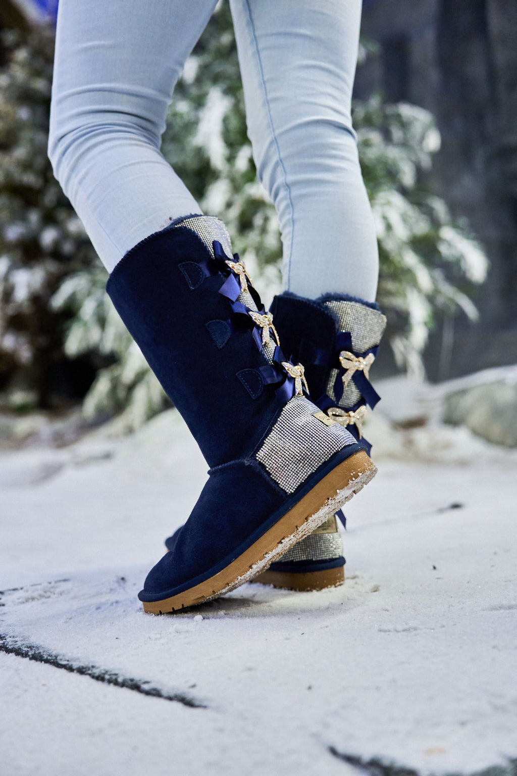 UGG Rhinestone Ribbon Tri-Tie Bow Suede Boots - Navy