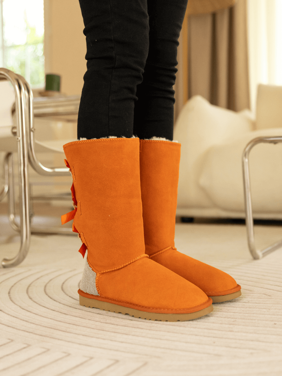 UGG Rhinestone Ribbon Tri-Tie Bow Suede Boots - Orange