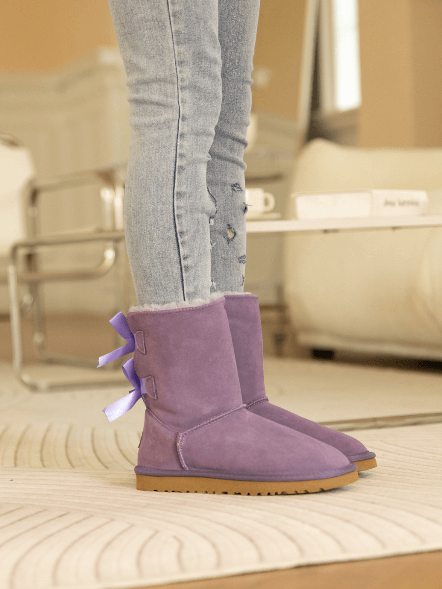 UGG Double Ballet Ribbon Bow Suede Shearling Boots - Lavender
