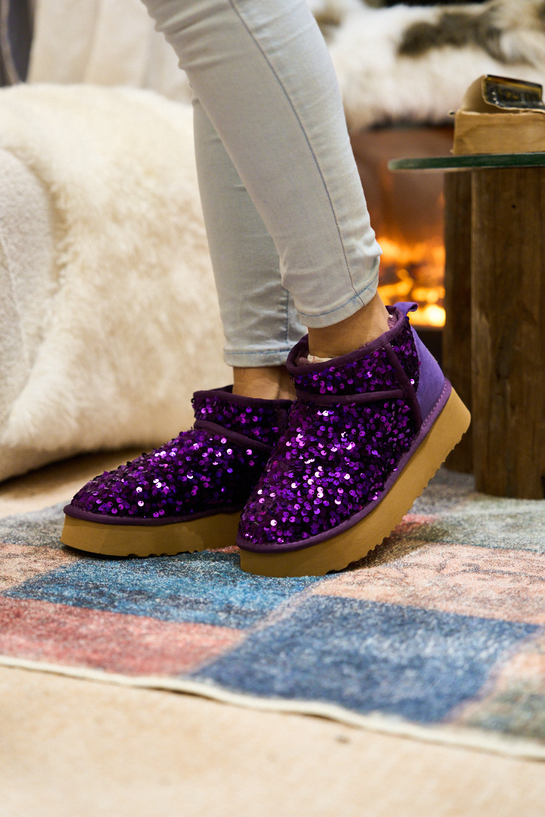 UGG Mini Glitter Low Ankle Platform Boots - Purple
