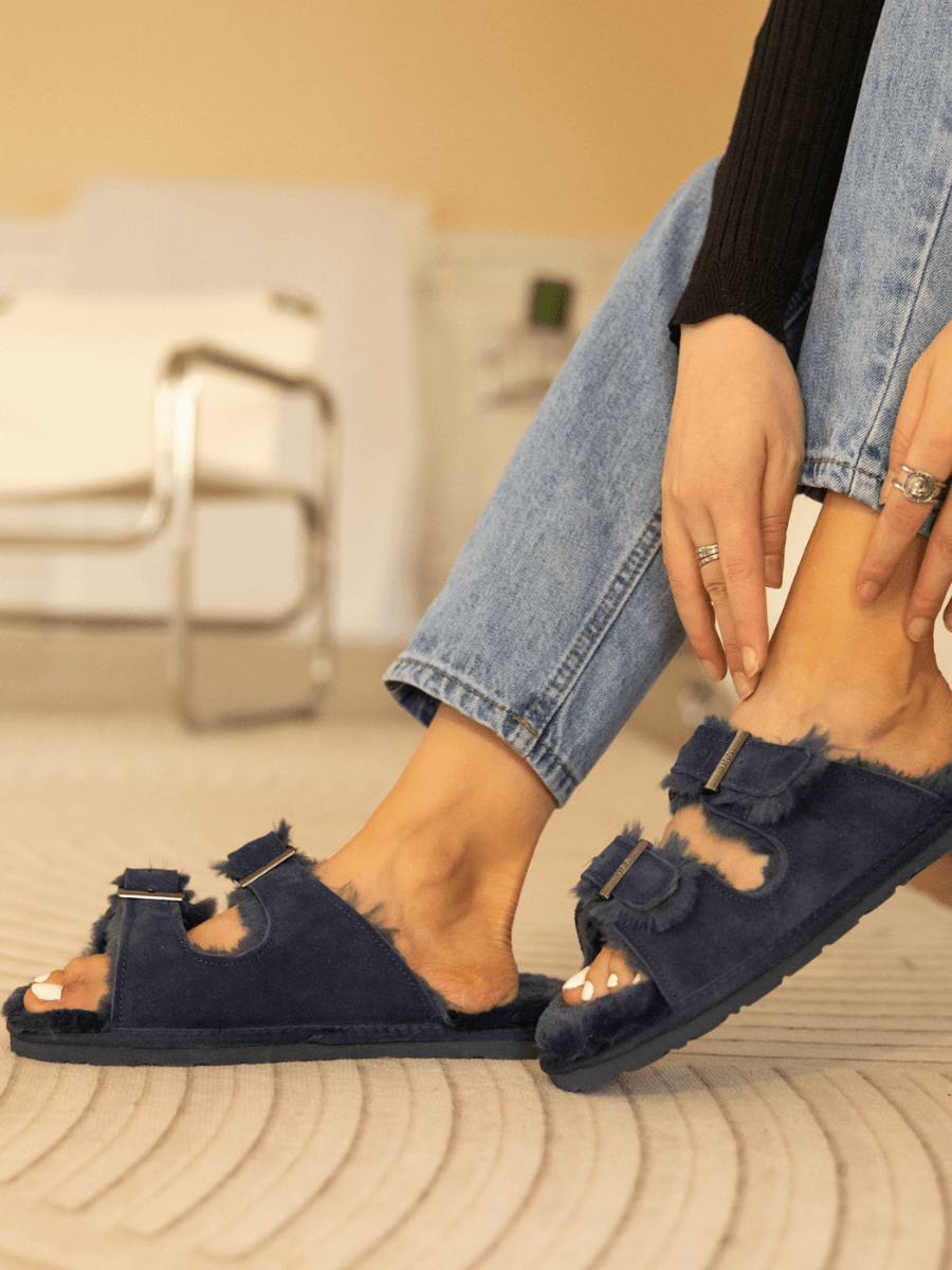 UGG Woolen Lined Double-Strap Suede Sandal - Navy