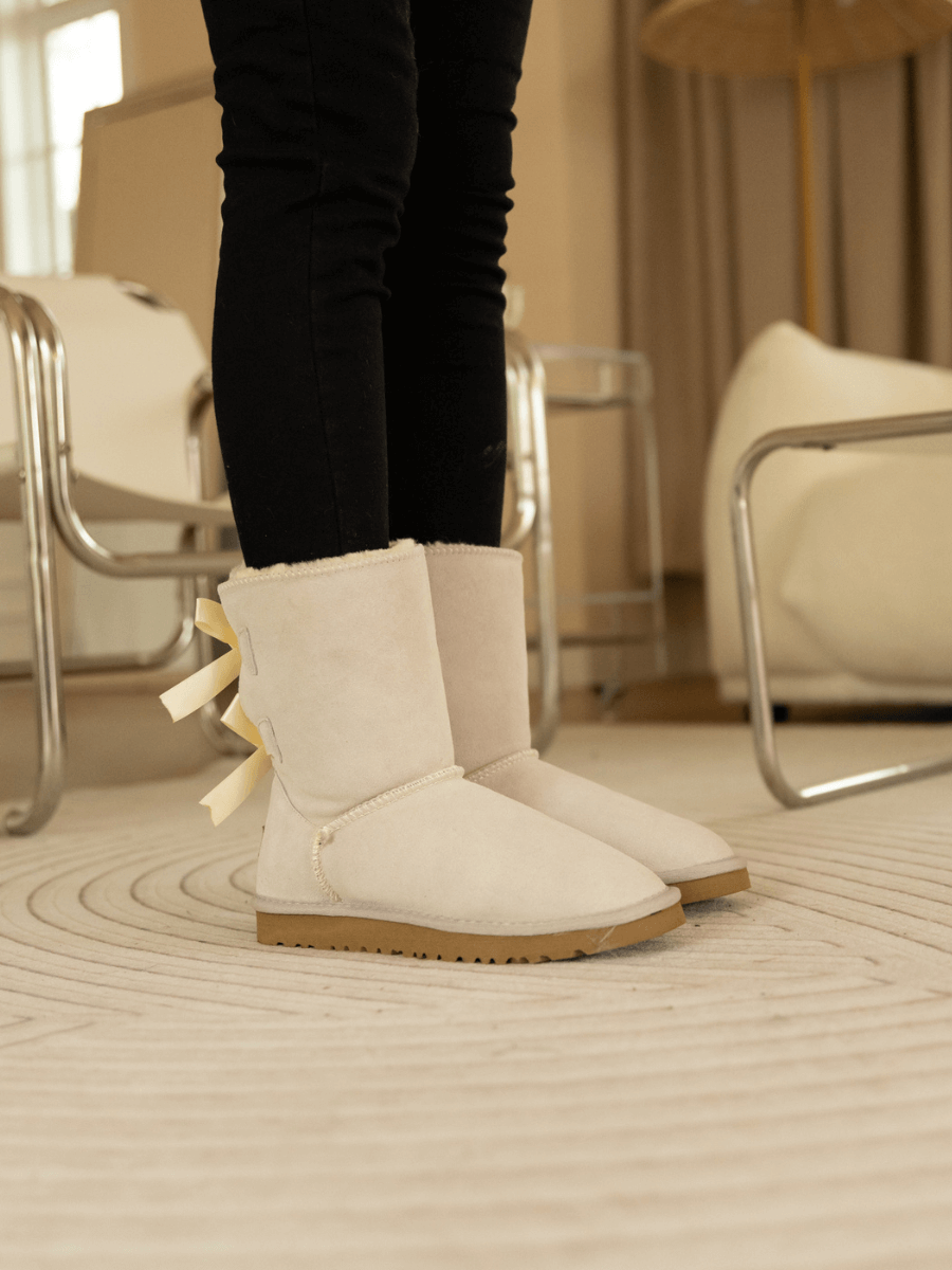 UGG Double Ballet Ribbon Bow Suede Shearling Boots - Ivory