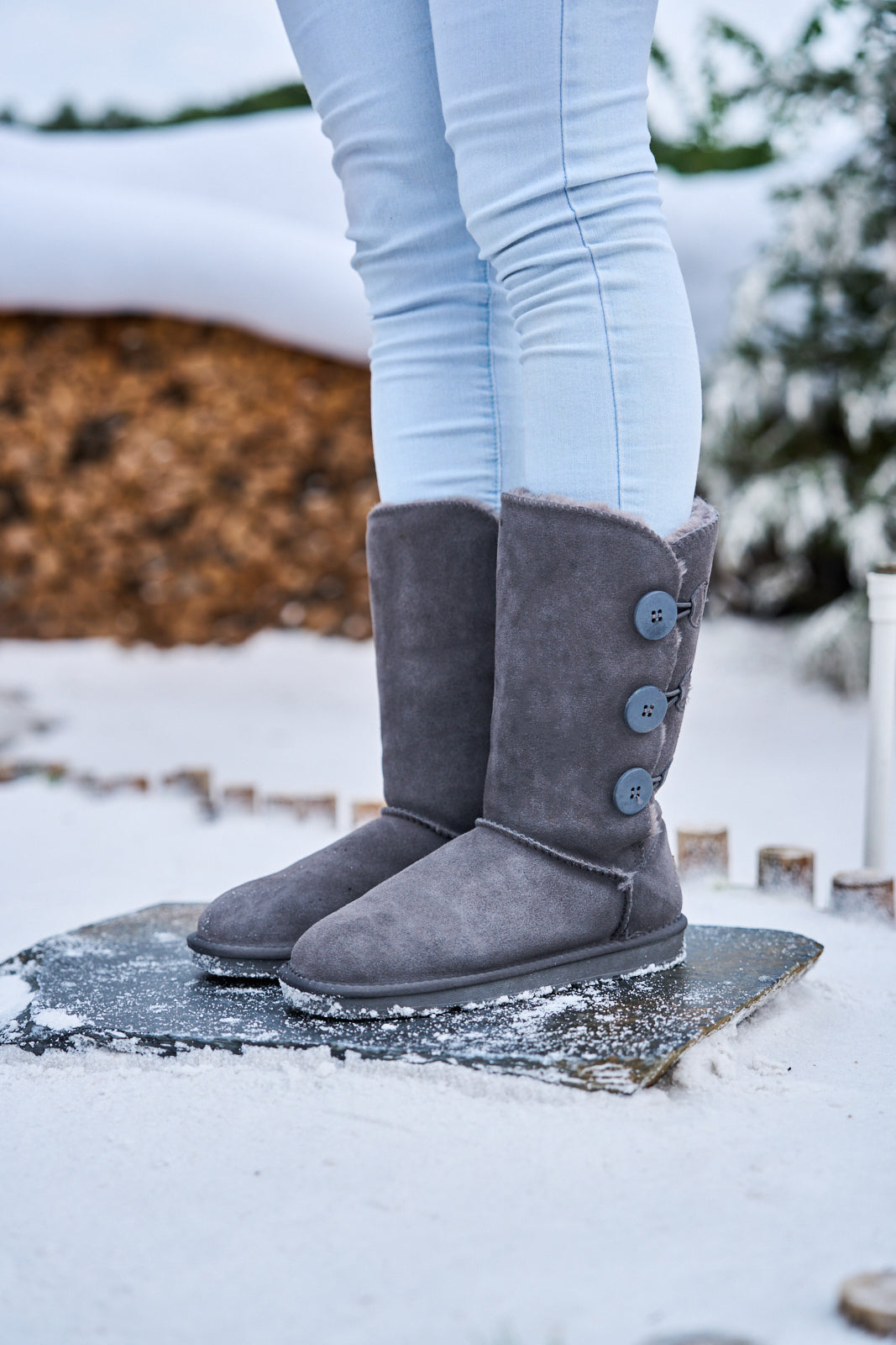 UGG Side Button Faux Fur-Lined Leather Suede Boots - Grey