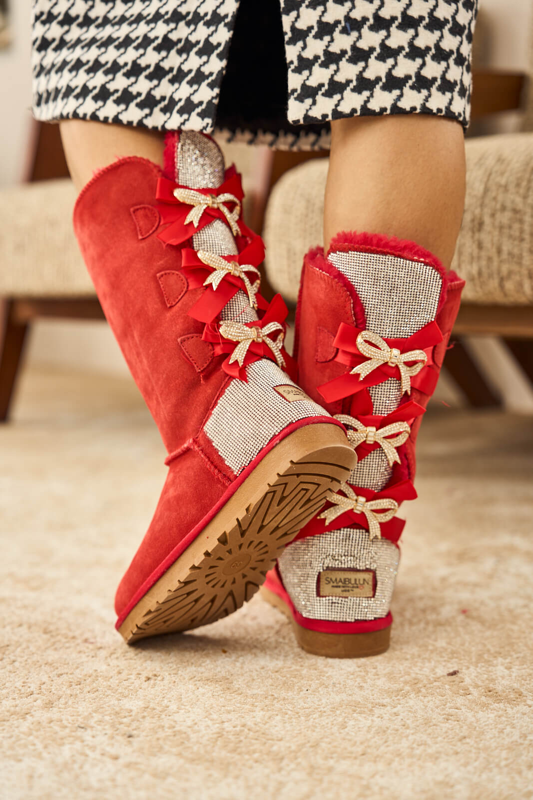 UGG Rhinestone Ribbon Tri-Tie Bow Suede Boots - Candy