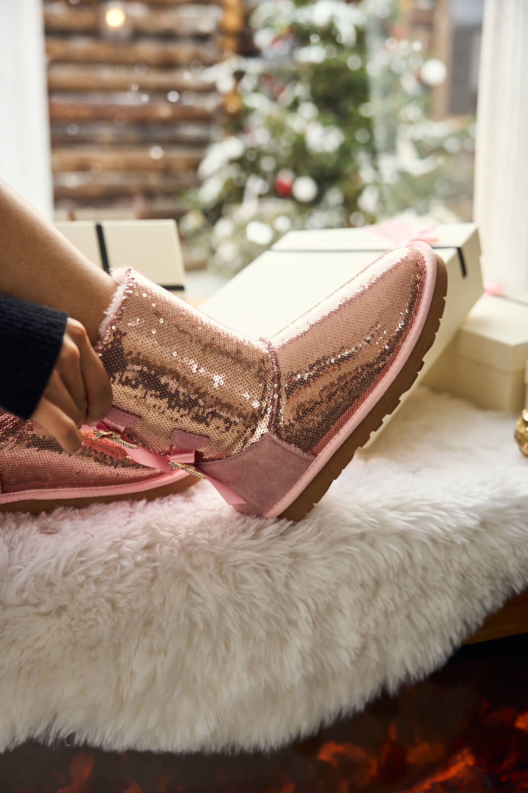 UGG Haute Holidays Sequin Glam Shearling Boots - Pink