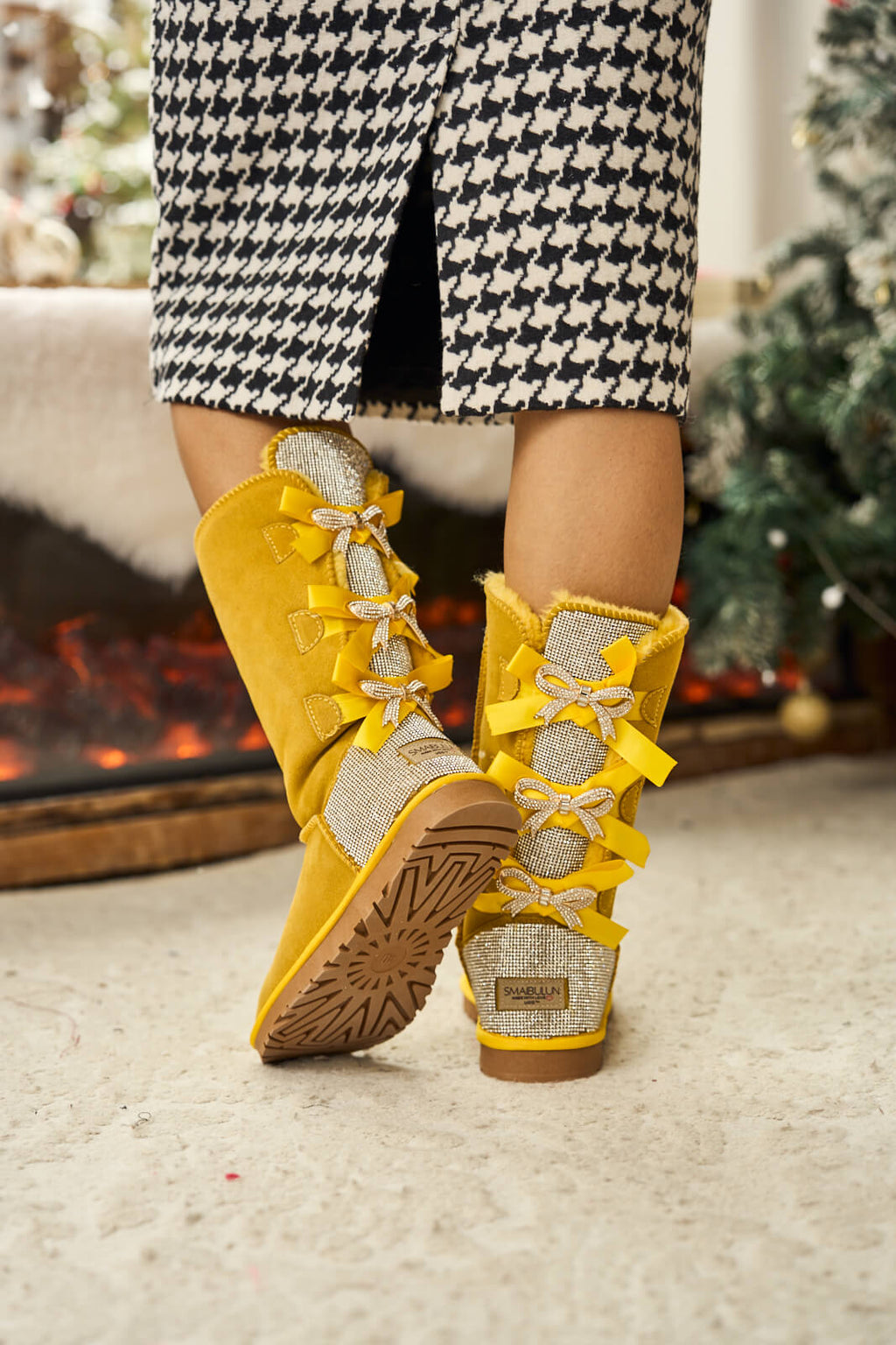 UGG Rhinestone Ribbon Tri-Tie Bow Suede Boots - Lemon