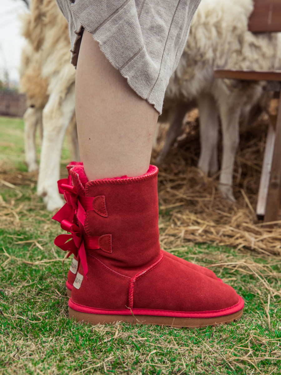 UGG Double Ballet Ribbon Bow Suede Shearling Boots - Red